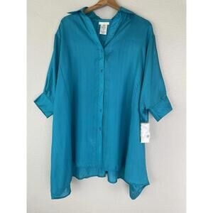 NWT MICHAEL Michael Kors Teal Silk Cover Up Button Front Petite Small PS
